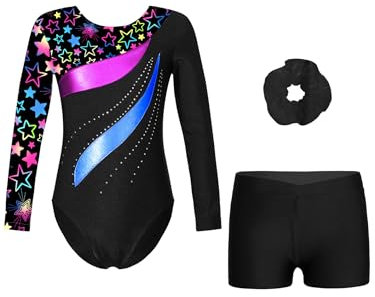 Yhong Gymnastikanzug Mädchen Kinder Bedruckte Turnanzug Ballett Gymnastikbody Turnshorts Haarband Set Tanzoutfit Athletic Leotard Set für 5-14 Jahre Ein Stern Schwarz 122-128