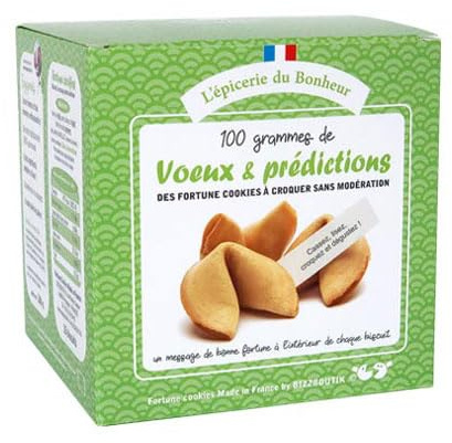 Boîte de 15 fortune cookies de fabrication française. thème : voeux et prédictions