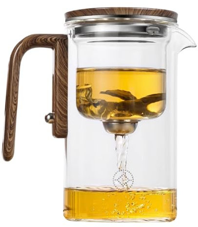 Vidrio De Olla De Infusor De Té, De Infusor De Té,Jarra de separación de agua de hojas de té transparentes con mango de madera | Botella de filtro anti-derrame de té más rai