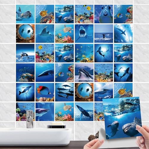 36 Pcs Sticker Carrelage Autocollant - Avec requin, dauphins, tortue de mer,Décorative - Étanche à Carreaux de Autocollants Carrelage Mural Céramique Salle de Bains et Cuisine Stickers 15cm(6)