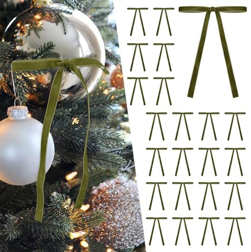 Lot de 24 nœuds de Noël en velours pour sapin de Noël, couronne de Noël, décoration de porte, artisanat rustique, décoration d'intérieur, mariage, intérieur (vert olive)