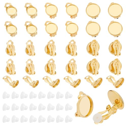PH PandaHall 30pcs 3 Größen Goldene Clip auf Ohrring Konverter für Non Pierced Ears, Messing Runde flache Rückseite Tablett Ohrring Clips Ohrring Rohlinge mit 50pcs Ohrring Pads für Schmuck machen