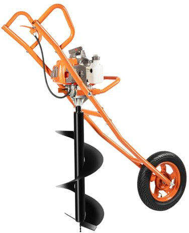 TkkMivcOC 63CC Benzin Erdbohrer mit Handwagen, 2-Takt Post Hole Digger Grabmaschine, 80-115dB, Gartenbohrer Erdbohrgerät mit Wagen für Schnelle Bodenbohrungen, Orange