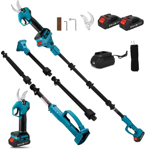 Cordless Pruning Shears with 2m Telescopic Pole and 2 * 1500m Ah Battery, Brushless Electric Secateurs with 2 Gears, 30mm Cutting Diameter, Sharpening Stone and Spare Blades