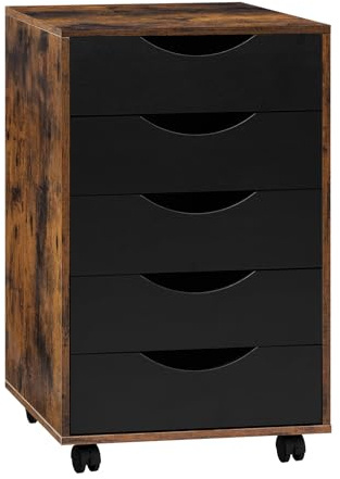 WOLTU Caisson de Bureau avec 5 Tiroirs, Armoire à Dossiers sur roulettes, pour Bureau, Chambre, en Bois d'Ingénierie PB, Marron Rustique, 40x40x66,5cm