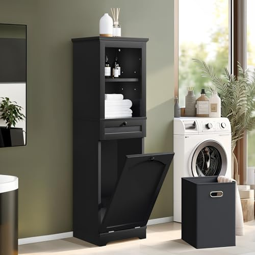 YITAHOME 53 Tall Tilt-Out Laundry Storage Cabinet, Hidden Hamper with Adjustable Shelves, Removable Basket & Sturdy Wooden Design for Bathroom or Laundry Room Organization, Black