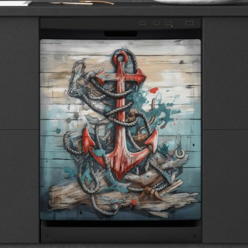 Mexpekil Autocollant magnétique vintage en forme d'ancre en bois pour lave-vaisselle, 53,3 x 66 cm, autocollant décoratif pour porte d'entrée, panneau magnétique imperméable pour cuisine