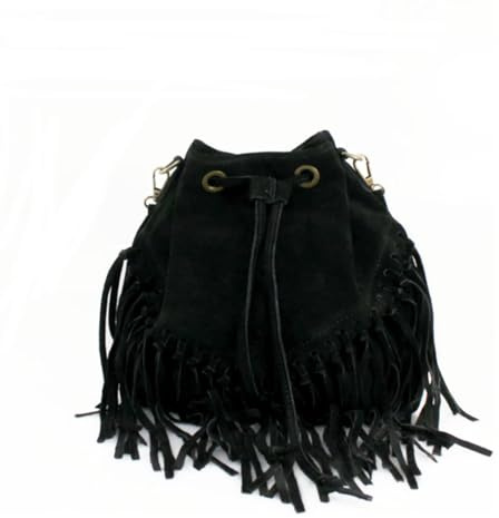 LeahWard Suede Drawstring Bucket Bag with Fringe Detail, Italian Suede Leather Cross Body Bag, Boho Style (Black)