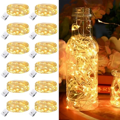 12 Stück LED Lichterkette Batterie klein, 2M 20 LED Lichterkette mit Batterie, 3 Modi Lichterkette, Mini Lichterketten Batteriebetrieben für Party, Weihnachten, DIY, Hochzeit, Innen Deko (Warmweiß)