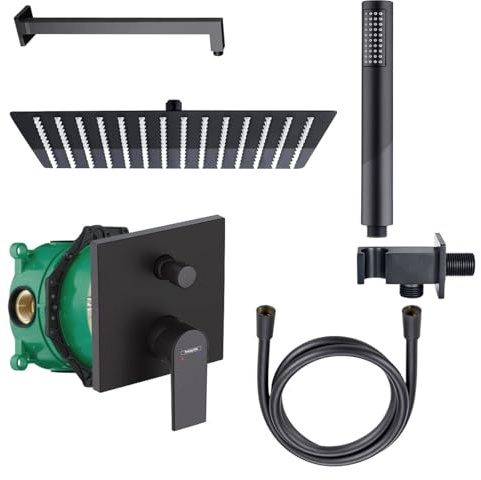 Belvit® Duschset Schwarz mit Hansgrohe Wannenmischer Unterputz, iBox, 30x30 Regendusche, Handbrause, Brausearm, Schlauch & Wandanschluss – Komplettset modern & kalkfrei