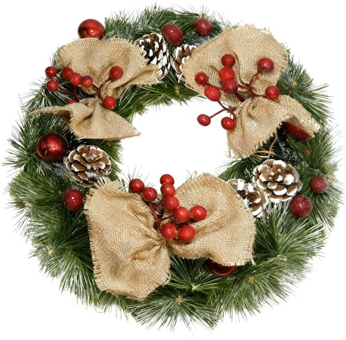 Corona de Navidad, 30 cm Artificial Navidad Corona, Corona de Navidad en la Puerta Delantera con Bayas y Pino para Decorar Chimeneas Puertas y Ventanas Esperar