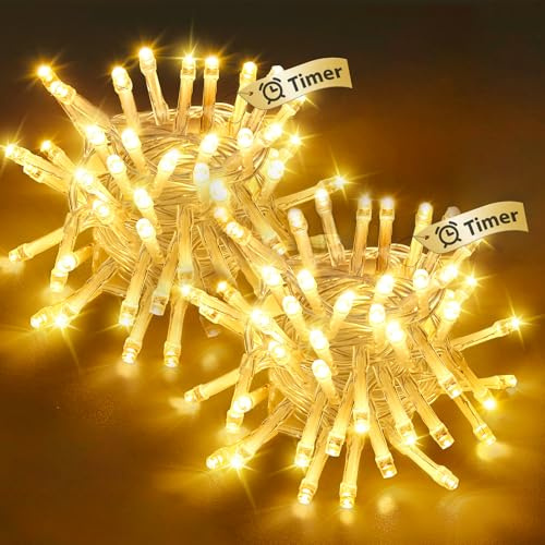 btfarm 2 Pack Fairy Lights Battery Operated with Timer, 5M 50 LED String Lights Battery Powered Waterproof, 2 Modes Battery Christmas Twinkle Light Decoration for Indoor Bedroom Party, Warm White