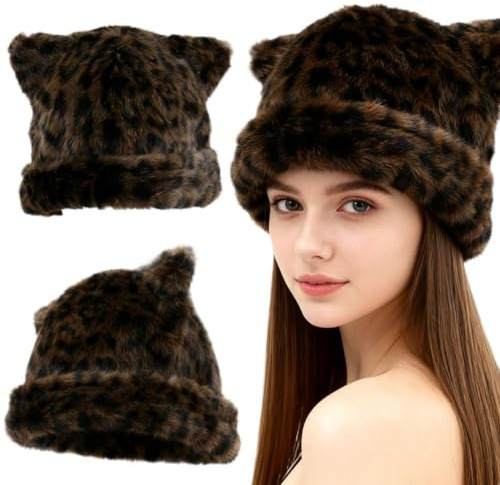 JhavexToy Leopardenmuster Mützes Damen Katzenohren Leopardenmuster Mütze Katze Bommelmütze Wintermütze mit Katzenohren Strickmütze Warm Elastisches Beanie Mützes für Frauen Mädchen - B