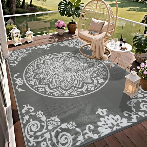 Homcomodar Outdoor Teppich Wetterfest 180x270cm Outdoor Teppich Balkon Waschbar Kunststoff Stroh Outdoorteppich UV-beständige Vorzeltteppich fur Garten,Patio Balkon,Deck,Pool,Hinterhof(Grau&Weiß)