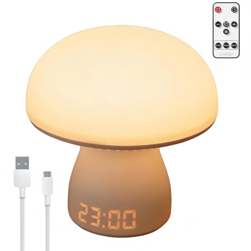 Calenxy Pilz Nachttischlampe Touch Dimmbar mit Uhranzeige & Timer, Kabellos mit 3600mAh Akku & USB-Ladung - Moderne LED-Tischleuchte für Schlafzimmer, Wohnzimmer und Büro