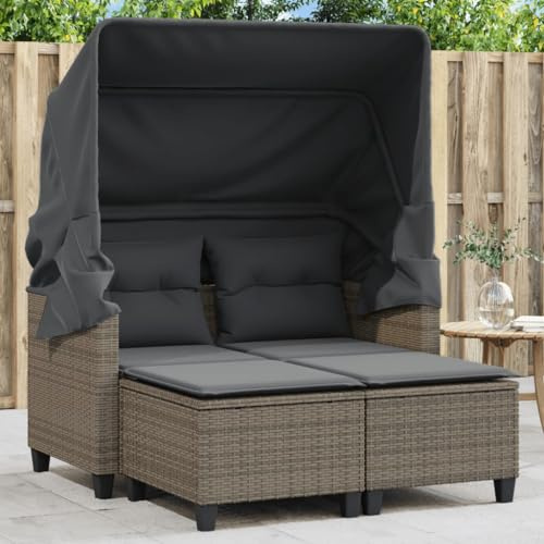 Hoopleep Gartensofa 2-Sitzer mit ausziehbarem Dach, Grau Poly Rattan, UV-beständig, wetterfest, Bequeme Outdoor-Sitzgruppe für Terrasse, Balkon und Außenbereich, inklusive Hocker