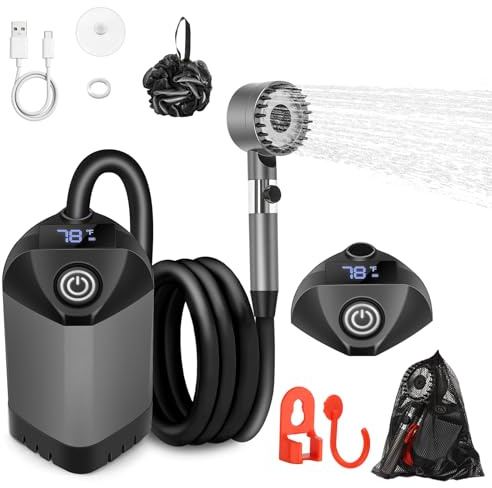 Debraltanner Portable Shower for Camping with 7800mAh Battery, Rechargeable Camping Shower with Intelligent LED Display, 3 Spray Modes, IPX8 Waterproof Outdoor Camp Pump for Hiking, Travel, Car, Pet