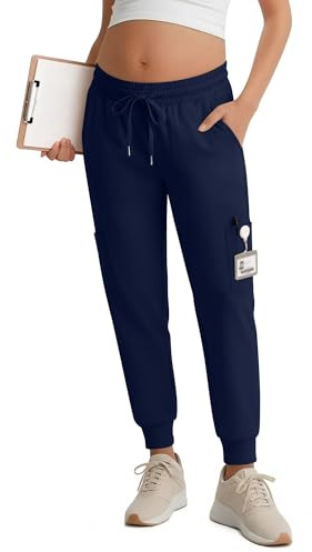 Xaatren Women's Maternity Scrub Pants with 50 Pockets Workwear Pregnancy Joggers Drawstring Over The Belly Medical Bottoms Navy Blue