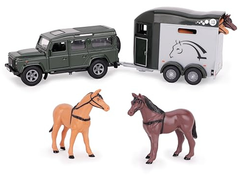 Toyland® 26 cm (10) Land Rover med hästkärra och 2 hästar - Gjuten metall fyrhjulsdriven lekset - Drag-back rörelse och öppna dörrar - Lämplig för åldrarna 3+