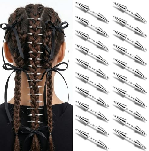 Nogeqi 20 pezzi Goth Spikes for Hair, Emo Grunge Punk, fermagli per capelli in metallo Y2k, accessori alternativi per trecce, dreadlock e buns