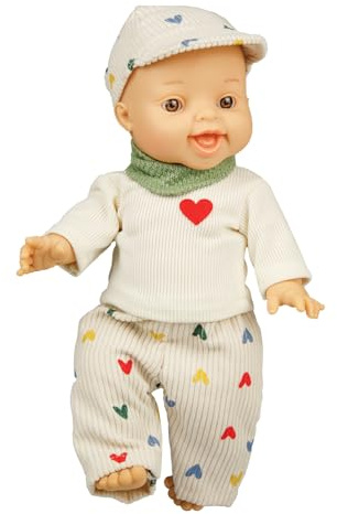 Heless 54036 - Jungen-Babypuppe Gordi von Paola Reina, mit Outfit aus Kordhose Herzkonfetti, Shirt und grünem Halstuch, Puppe in der Größe ca. 34 cm