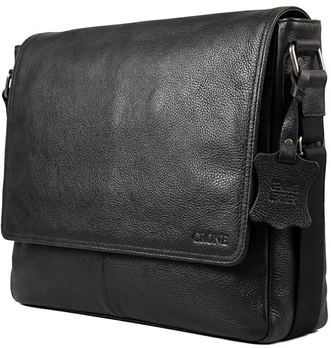 Crone Hamburg läder laptopväska, affärsväska av äkta läder, portfölj, arbetsväska, axelväska, laptopväska, svart