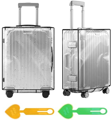 klahh Confezione da 3 coperture per bagagli per valigie, 71 cm, con 2 etichette per bagagli, in PVC trasparente, protezione da viaggio per valigie con ruote (etichette arancioni e verdi)