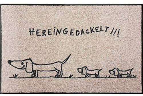 Salonloewe Fußmatte waschbar 50x75 cm Hereingedackelt Family beige mit Motiv Dackel Familie Schmutzfangmatte Fußabtreter Sauberlaufmatte Türvorleger Hunde