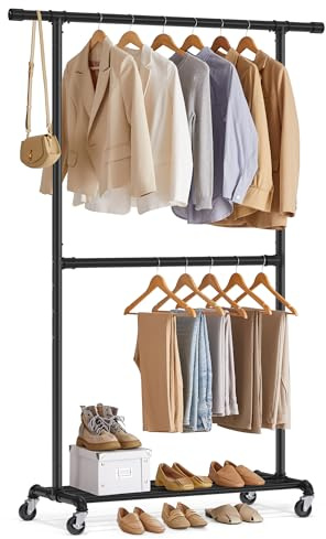 SONGMICS Heavy-Duty Clothes Rack, Double-Rod Clothing Rack for Hanging Clothes, Industrial Garment Rack on Wheels, Adjustable Metal Frame, 2 Casters with Brakes, Commercial Display, Black UHSR62BK