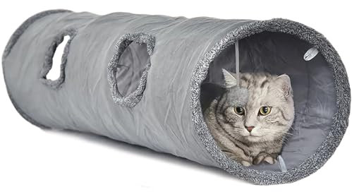 LeerKing Katzentunnel große Katzen Rascheltunnel Spieltunnel Katzenröhre Katzenspielzeug für alle Katzen Kaninchen Welpen 2 Höhlen Grau 130 * 30cm