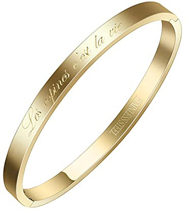 AURSTORE® Bracelet Jonc Fin en Acier Inoxydable 316L avec Message Phrases d'Inspiration Largeur 4 mm Plusieurs Messages au Choix Couleurs Doré (Les Copines, C'est la Vie)
