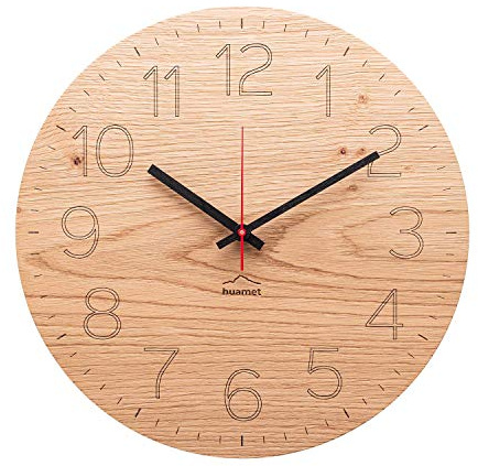 huamet Wanduhr Holz Eiche astig mit arabischen Zahlen Ziffern, runde Design Holzwanduhr, geräuschlos ohne Tickgeräusche - Qualitätsprodukt Made in Südtirol - CH80-A-1501