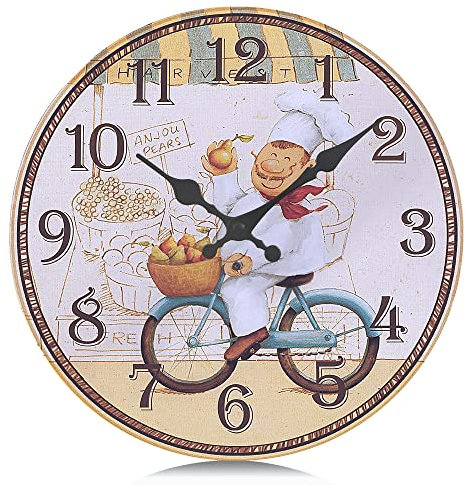 Lafocuse 30cm Horloge Murale Cuisine Bois Vintage, Silencieuse Pendules Murales Chef, Retro Design sans Tic-tac Déco pour Restaurant,Salle a Manger,Boulangerie