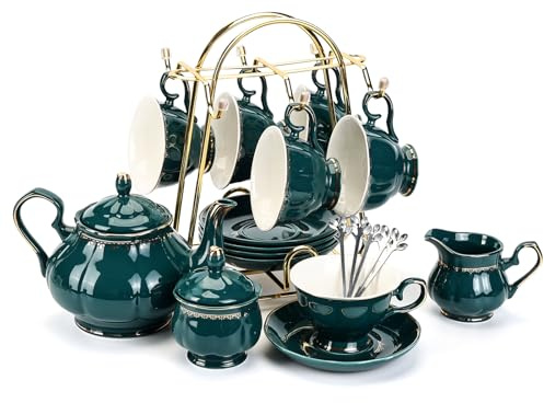 CHENP.HMC Tea Set 22-Piece Porcelain Ceramic Coffee Tea Sets Cups Saucer Service for 6 Teapot Sugar Bowl Creamer Pitcher and Teaspoons Porcelain Tea Set(Dark Green)