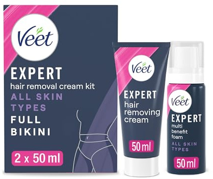 Veet Expert Hårborttagningskit, Hårborttagningskräm, Alla hudtyper för bikini & intimområde, 2x50 ml