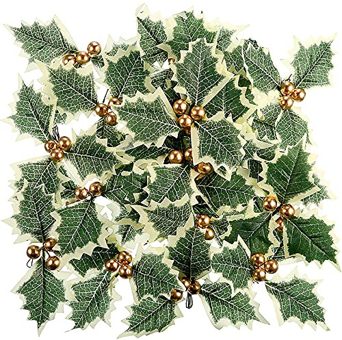 HYKITDAY 10 PCS Christmas Holly Leaves and Berries, Mini Triple Leaf Holly Berries Embellishments DIY Christmas Artificial Leaf for Christmas Wreath Arrangement Gift Tag