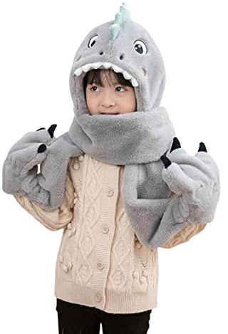 Kids Hat Gloves Scarf 3 In 1 Set Winter Plush Cartoon Dinosaur Hoodie Gloves Pocket Warm Earflap Full Hood Hats Long Scarf Shawl Wraps Mittens Grey, Green for Girls Boys Age 3-8 Birthday Gift