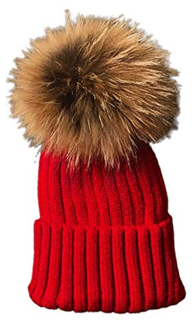 LKXHarleya Upgrade Eltern-Kind Winter Strickmütze Mützen Samtfutter mit Bommel, Süßes Warmes Dickes Fellmütze Zubehör für Erwachsene Jungen Mädchen, 2 Größe, Rot (1-6 Jahre)