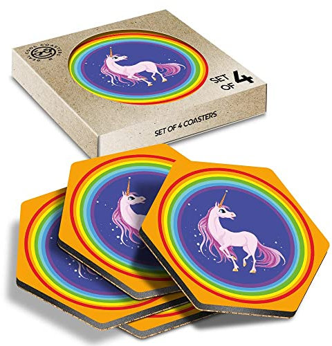 DV DESIGN 4 x Eco Boxed Cork Hexagon Coasters Set - Magical Pretty Unicorn Rainbow Girls Drink Cup Mug Glass Table Protection Mat #4312