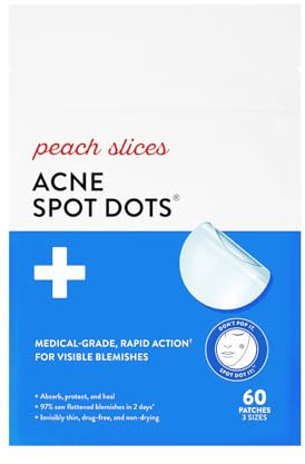 Peach Slices - Acne Spot Dots (60 ct) - Hydrocolloid Pimple Patches for Face - Absorb Gunk, Protect Picking & Support Healing - 3 Sizes (7, 10, & 12mm) - Vegan, Cruelty Free, Korean Skin Care & Beauty