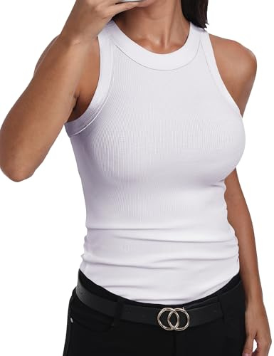 GEMBERA Ärmelloses Tanktop für Damen, Racerback, hoher Halsausschnitt, lässig, Baumwolle, gerippt, tailliert, Weiss/opulenter Garten, Klein