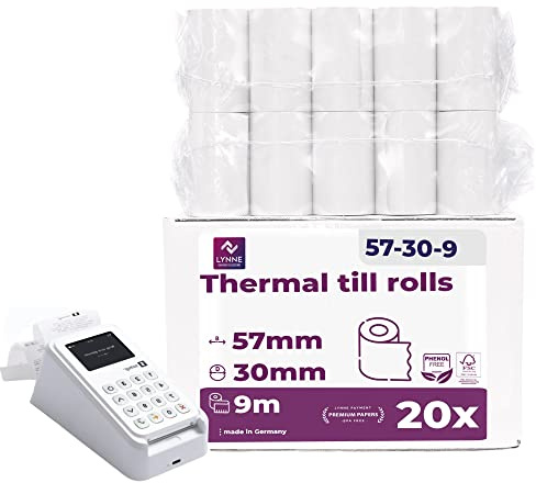 Lynne - Premium Till Rolls 57x30 Thermal [20x] - Card Machine Paper Rolls - Thermal Printer Paper PDQ Rolls - Thermal Paper for Receipt - 57mm x 30mm x 9m - BPA Free