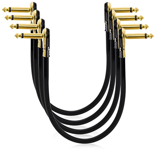 AVLA 4 Pack Guitar Patch Cables, 30cm/12 Inch Flat Low Profile Pedal Instrument Cable, 1/4 Right Angle Golden Pancake Connector for Effects Pedal Board, Guitar Accessories, Ultra Flexible and Durable