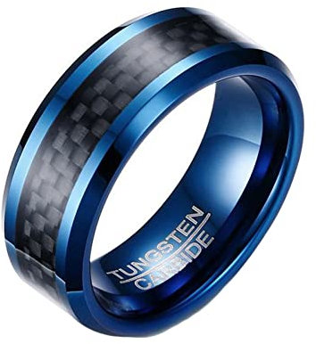 Daesar Wolframcarbid Ring Männer, Blau Ring Personalisiert mit Schwarz Kohlefaser 8MM Bandring Partnerringe Freundschaftsringe Große 62 (19.7)