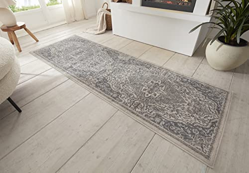 Hanse Home Orken Teppich Orientalisch –Kurzflor Vintage Wohnzimmerteppich Weicher Orient-Teppich ÖKO-TEX Läufer für Schlafzimmer, Esszimmer, Wohnzimmer, Flur, Küche – Creme Grau, 80x200cm