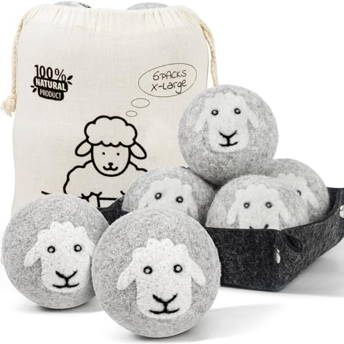 Wool Dryer Balls Laundry Reuseable,100% Pure New Zealand Wool Balls for Dryer, Eco-Friendly Organic Wool Dryer Balls Essential Oil, Soften Clothes Reduce Drying Time, X-Large 6 Packs Gray