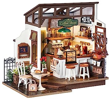 Rowood Coffee Miniature House Kit, Mother's Day DIY Miniature Dollhouse Kits for Adults to Build, Wooden Mini House Model Kits Adults Crafts with LED, Gift on Christmas Birthday for Family-NO.17 Cafe