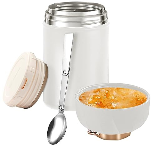 Food Flask,600ml (20 oz) Food Flask Container,Stainless Steel Double Walled Soup Flask Leak Proof Food Jar Soup Containers with Foldable Spoon for Hot and Cold Meals Double Soup Flask(White)