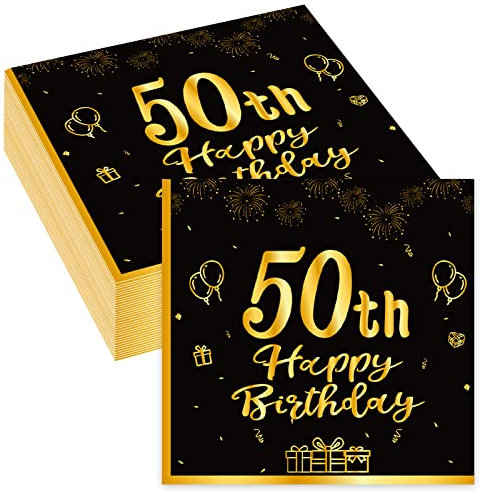 Servietten 50 Geburtstag, 80Stück Schwarze Gold 50. Happy Birthday Servietten, Einweg Papierserviette Tischdeko, 50er Geburtstag Männer Frauen Geburtstags Party Deko
