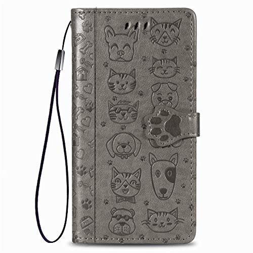 Rnrieyta Miagon PU Leder Brieftasche Hülle für iPhone 15 Plus,Katze Hund Tier Prägung Design Flip Tasche Standfunktion Cover mit Karten Slot Magnetverschluss Lanyard,Grau